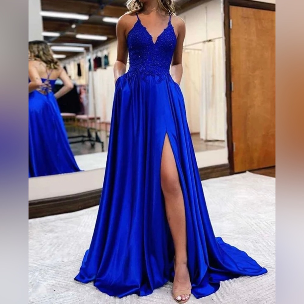 A-Line Woven Satin V-neck Sleeveless Sweep Train Dress